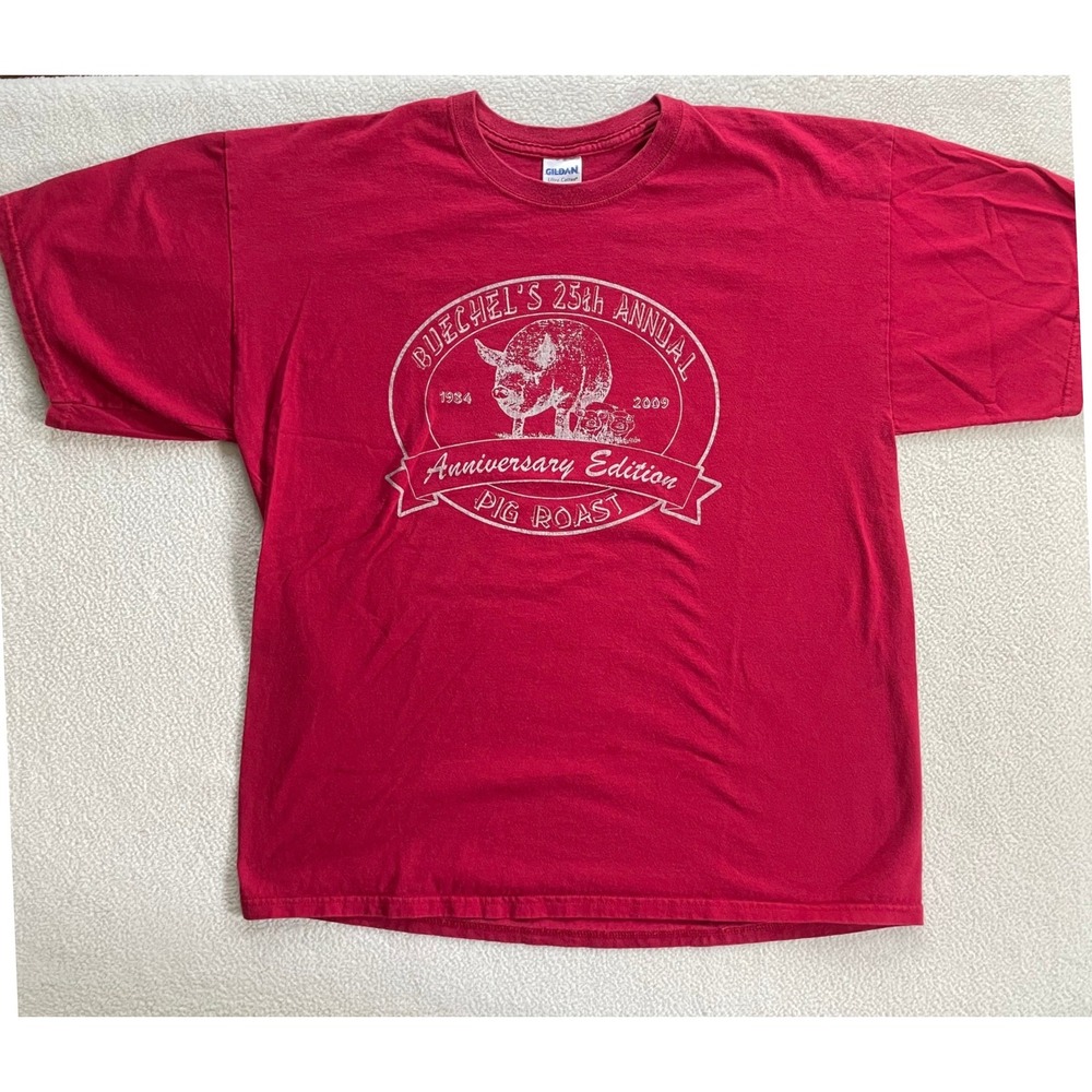 Retro Gildan Mens XL T-shirt Red Buechel's Pig Roast 2009 Anniversary Graphic T‎